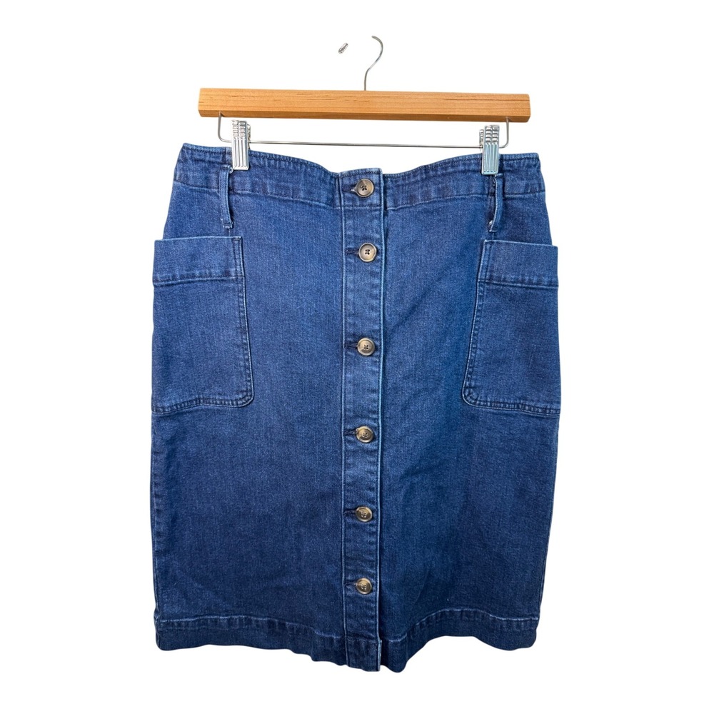 LOFT Denim Midi Skirt Women 14 Blue Button Front Patch Pocket Stretch Jean Skirt